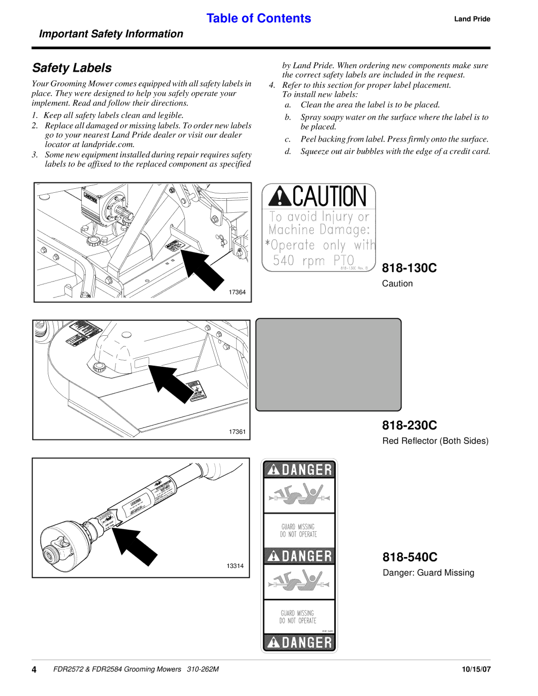 Land Pride FDR2572, FDR2584 manual 818-130C, 818-230C, 818-540C 