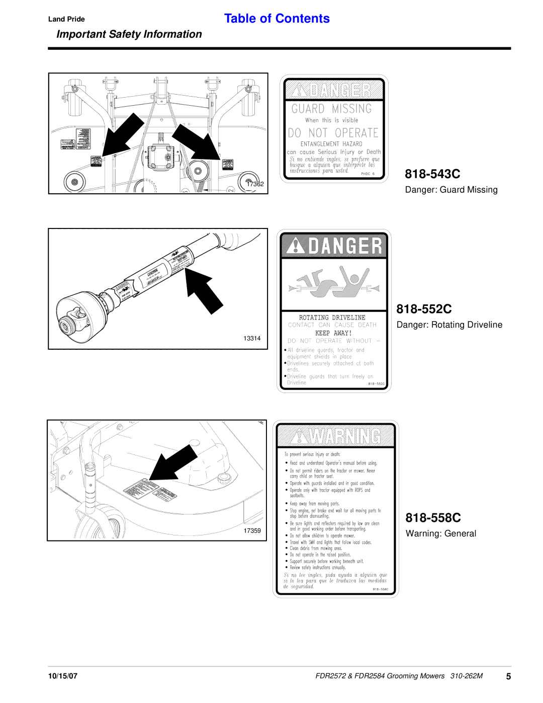 Land Pride FDR2584, FDR2572 manual 818-543C 818-552C 818-558C 