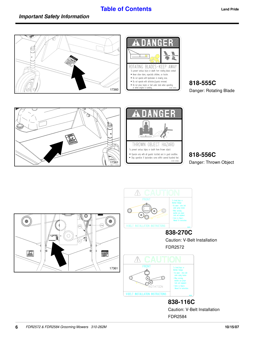 Land Pride FDR2572, FDR2584 manual 818-555C 818-556C 838-270C, 838-116C 