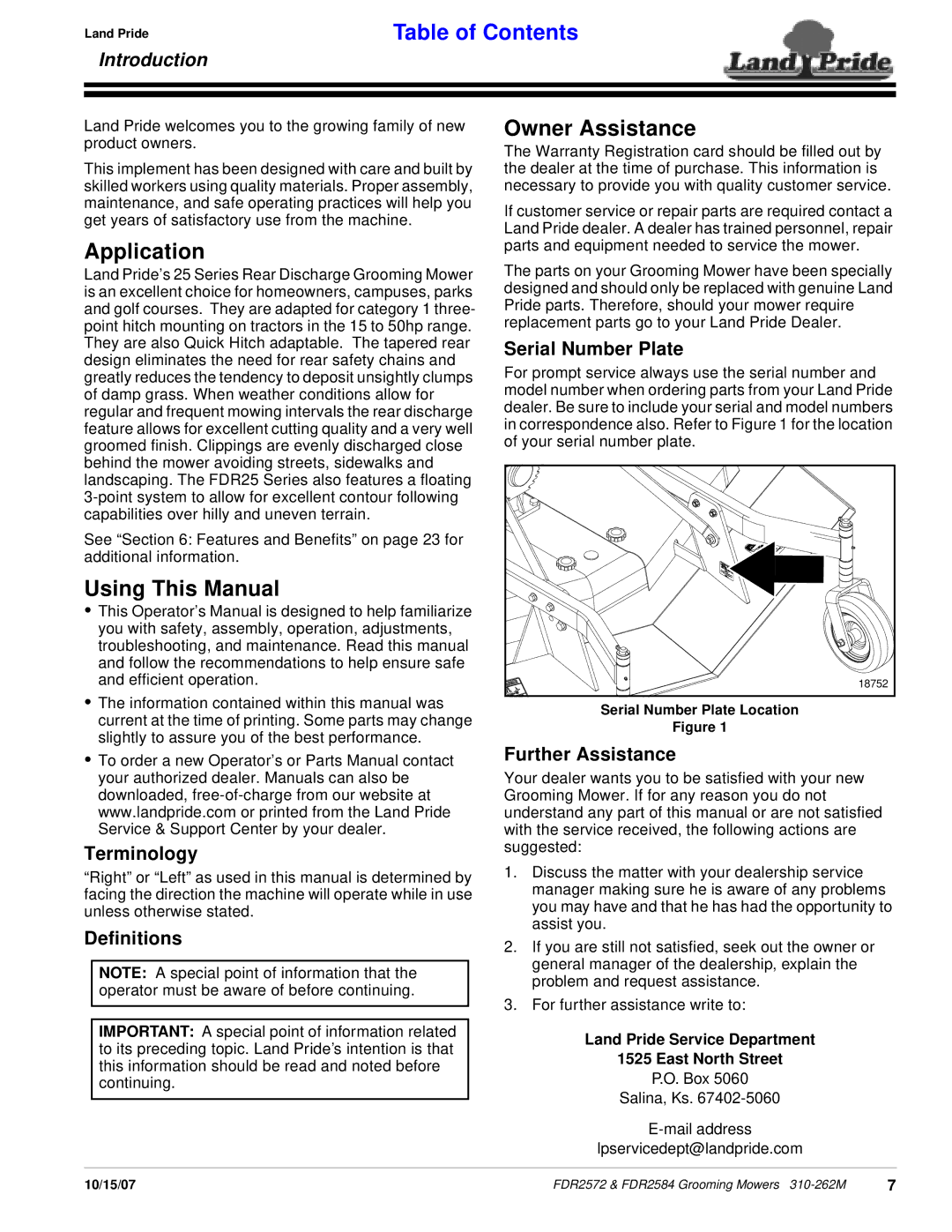 Land Pride FDR2584, FDR2572 manual Application, Using This Manual, Owner Assistance, Introduction 