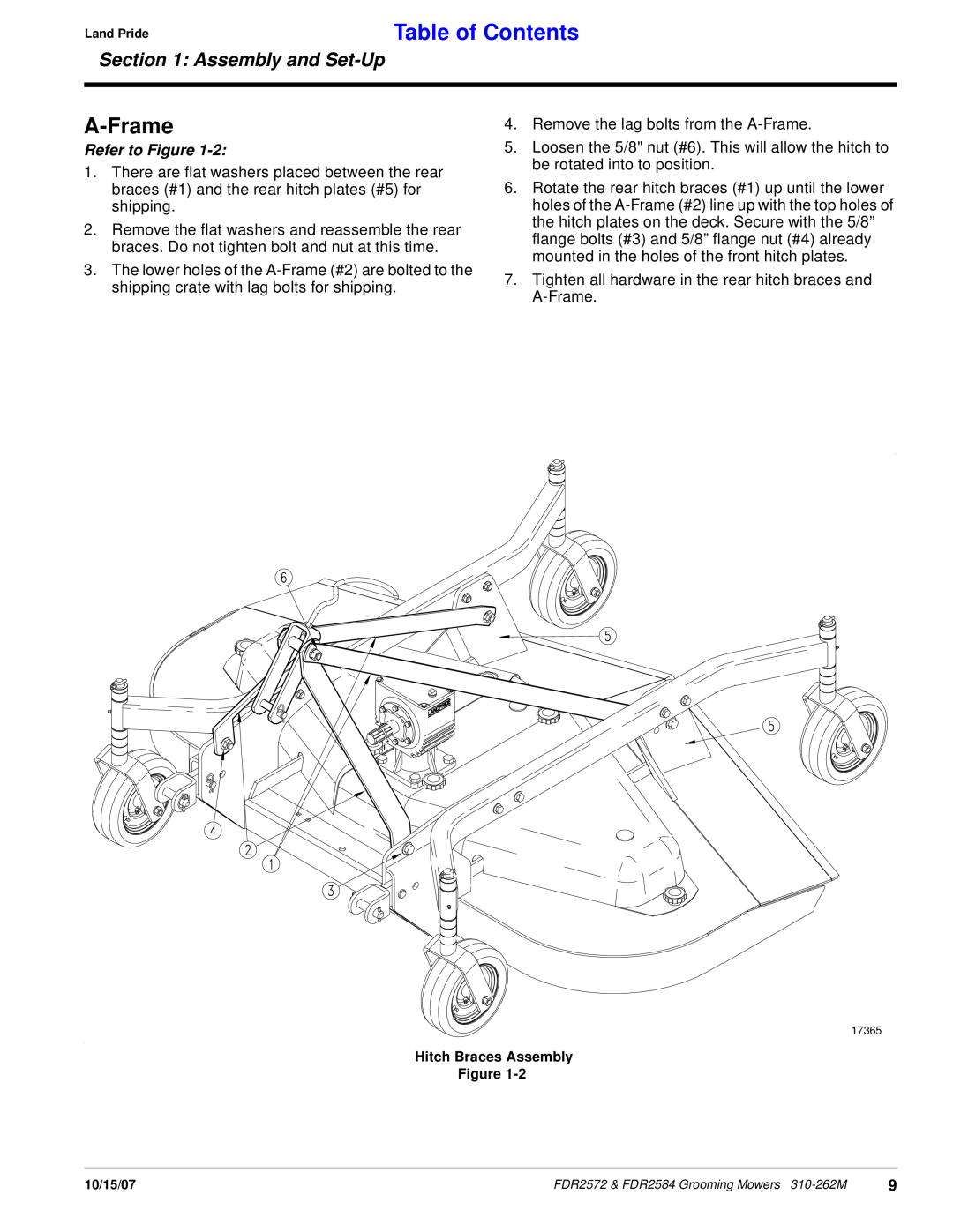 Land Pride FDR2584, FDR2572 manual A-Frame, Table of Contents, Assembly and Set-Up, Refer to Figure 