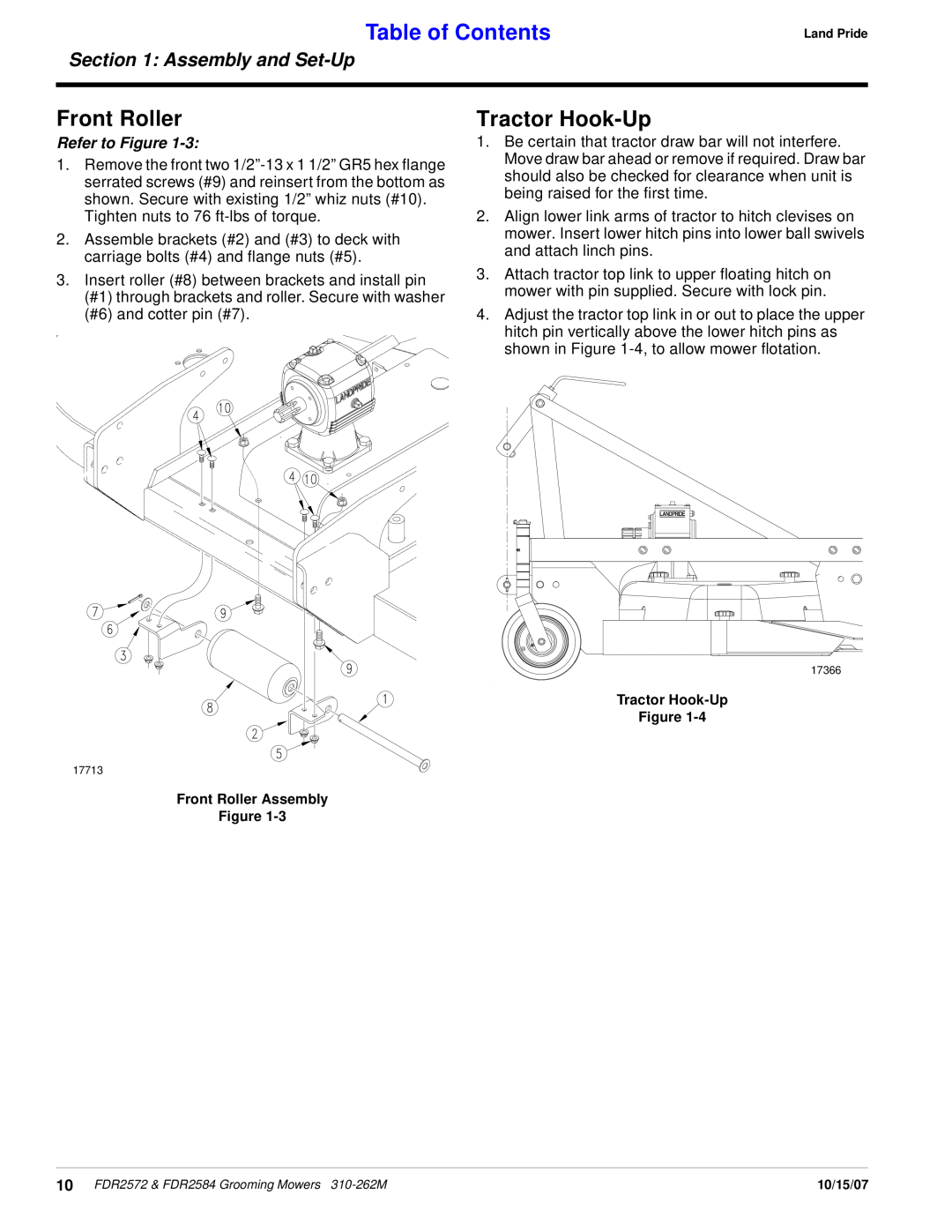 Land Pride FDR2572, FDR2584 manual Front Roller, Tractor Hook-Up, Table of Contents, Assembly and Set-Up, Refer to Figure 