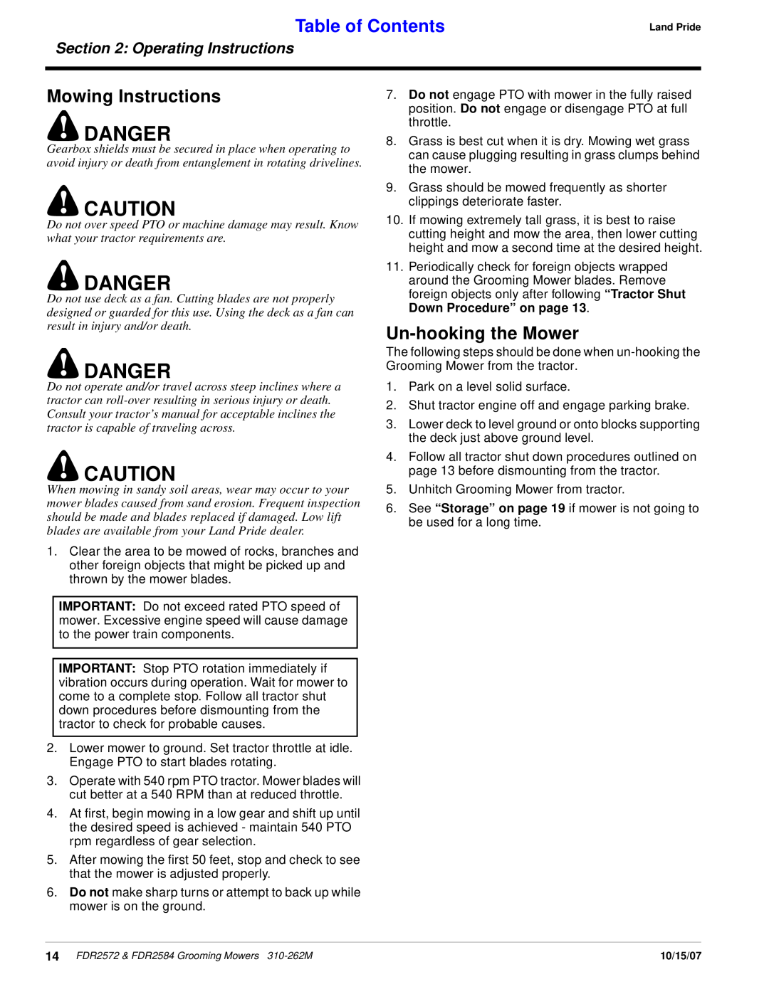 Land Pride FDR2572, FDR2584 Danger, Mowing Instructions, Un-hookingthe Mower, Table of Contents, Operating Instructions 