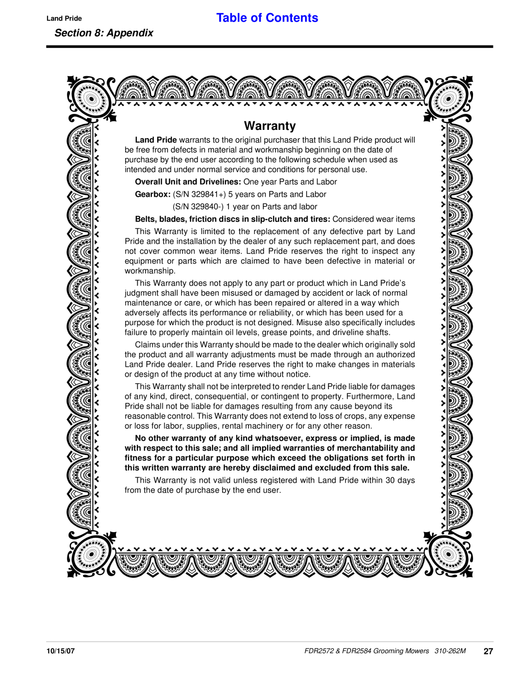 Land Pride FDR2584, FDR2572 manual Warranty, Table of Contents, Appendix 