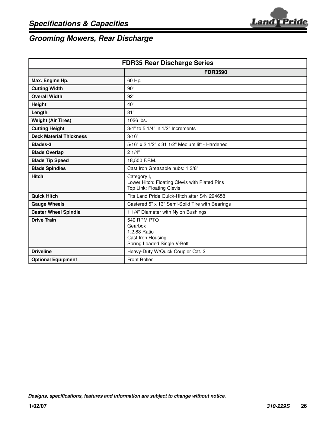 Land Pride specifications Specifications & Capacities Grooming Mowers, Rear Discharge, FDR35 Rear Discharge Series 