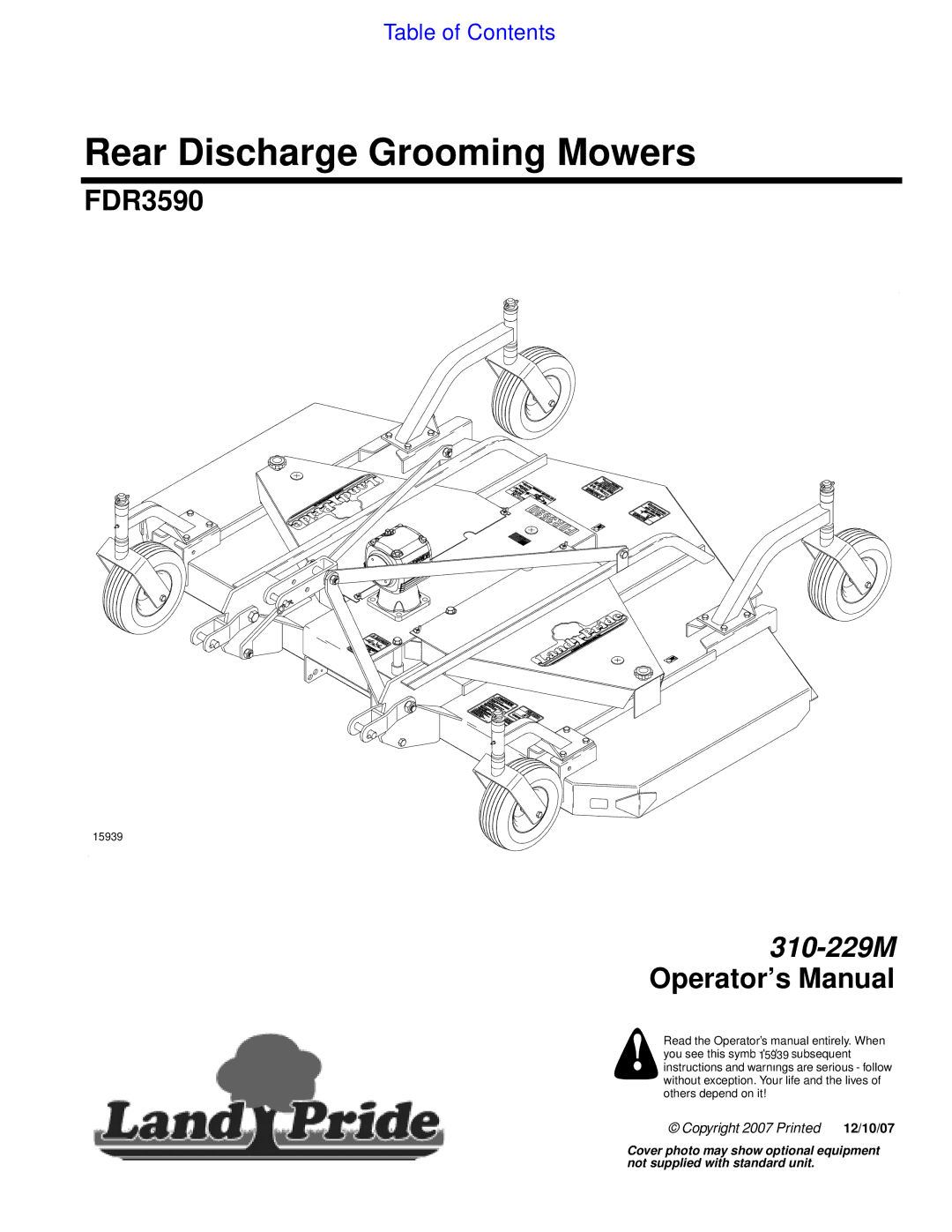 Land Pride FDR3590 manual Rear Discharge Grooming Mowers 