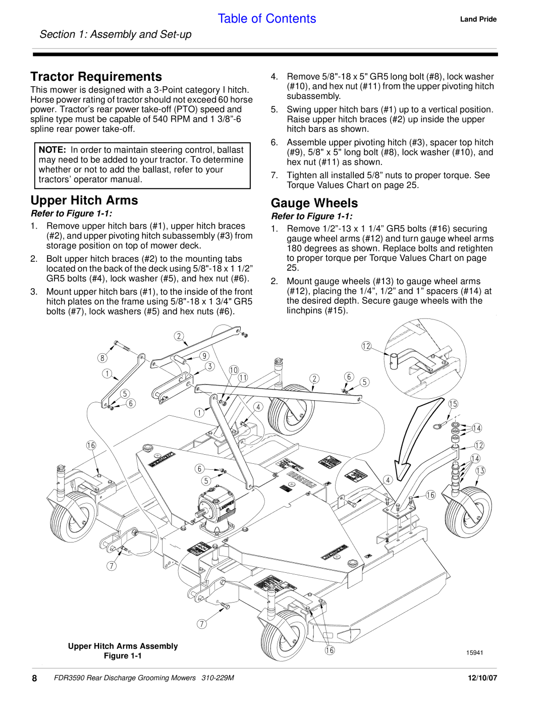 Land Pride FDR3590 manual Tractor Requirements, Upper Hitch Arms, Gauge Wheels 