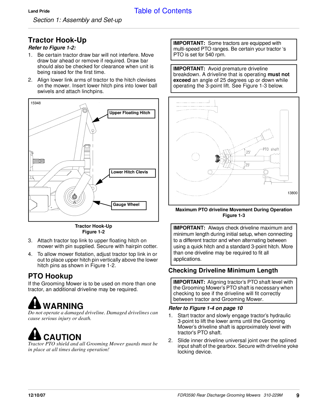 Land Pride FDR3590 manual Tractor Hook-Up, PTO Hookup, Checking Driveline Minimum Length 