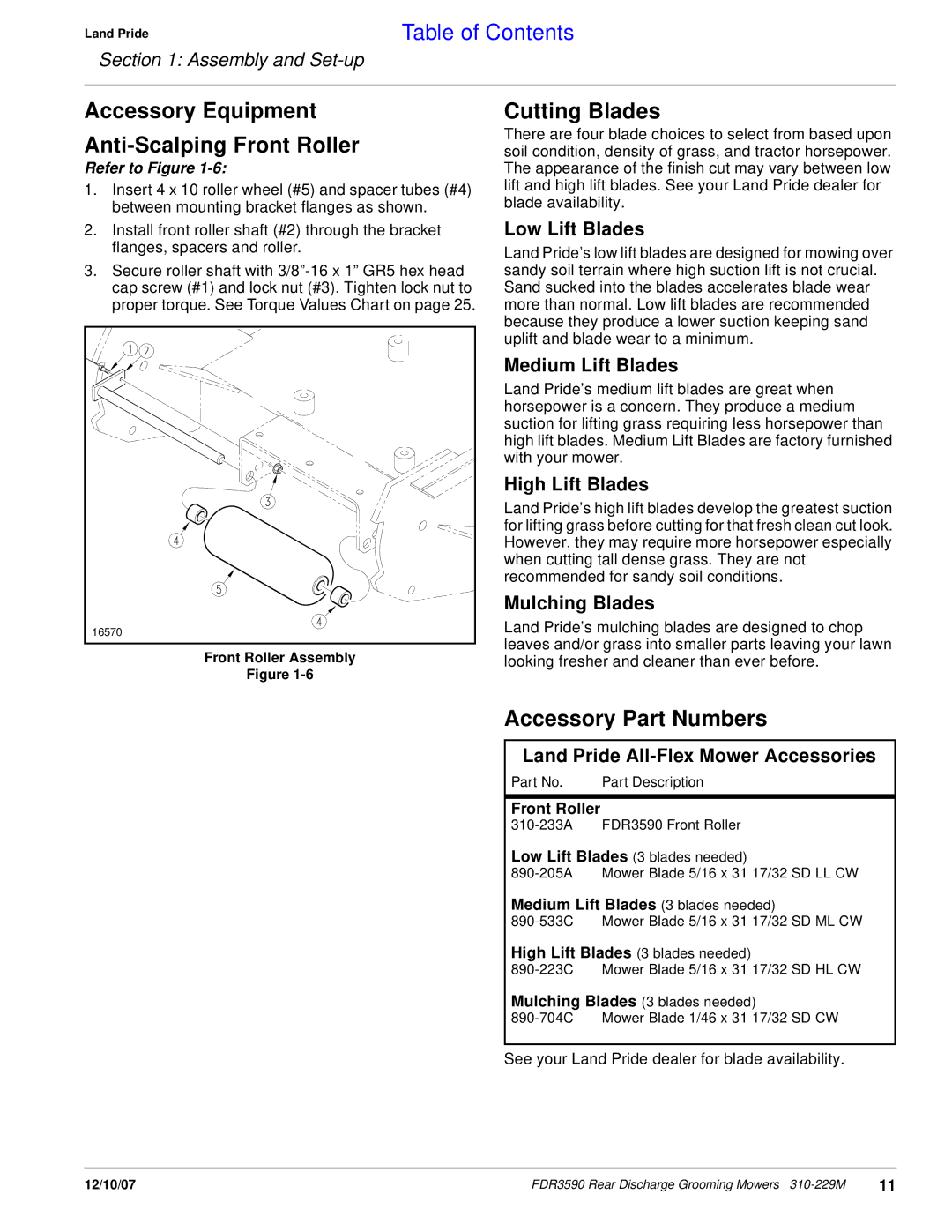 Land Pride FDR3590 manual Accessory Equipment Anti-Scalping Front Roller, Cutting Blades, Accessory Part Numbers 