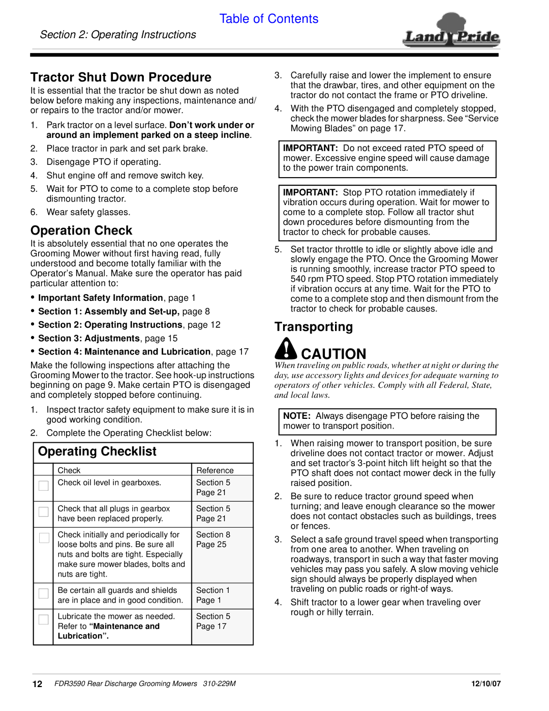 Land Pride FDR3590 manual Tractor Shut Down Procedure, Operation Check, Operating Checklist, Transporting 