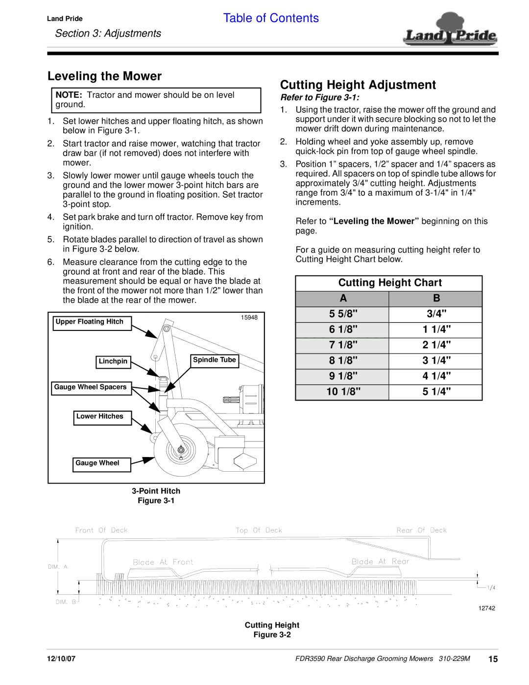 Land Pride FDR3590 manual Leveling the Mower, Cutting Height Adjustment, Cutting Height Chart, 10 1/8 