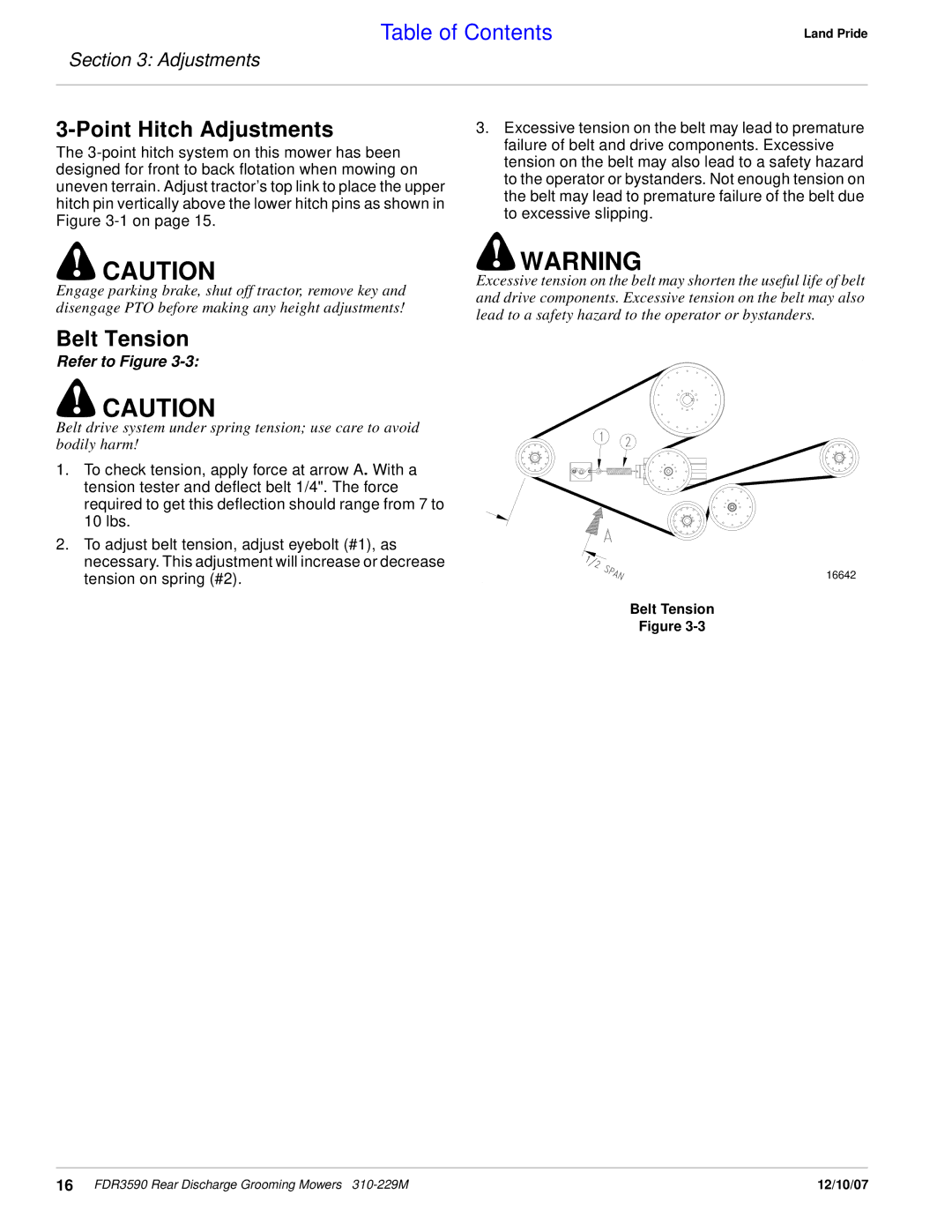 Land Pride FDR3590 manual Point Hitch Adjustments, Belt Tension 