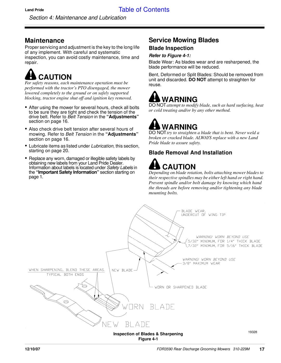 Land Pride FDR3590 manual Maintenance, Service Mowing Blades, Blade Inspection, Blade Removal And Installation 