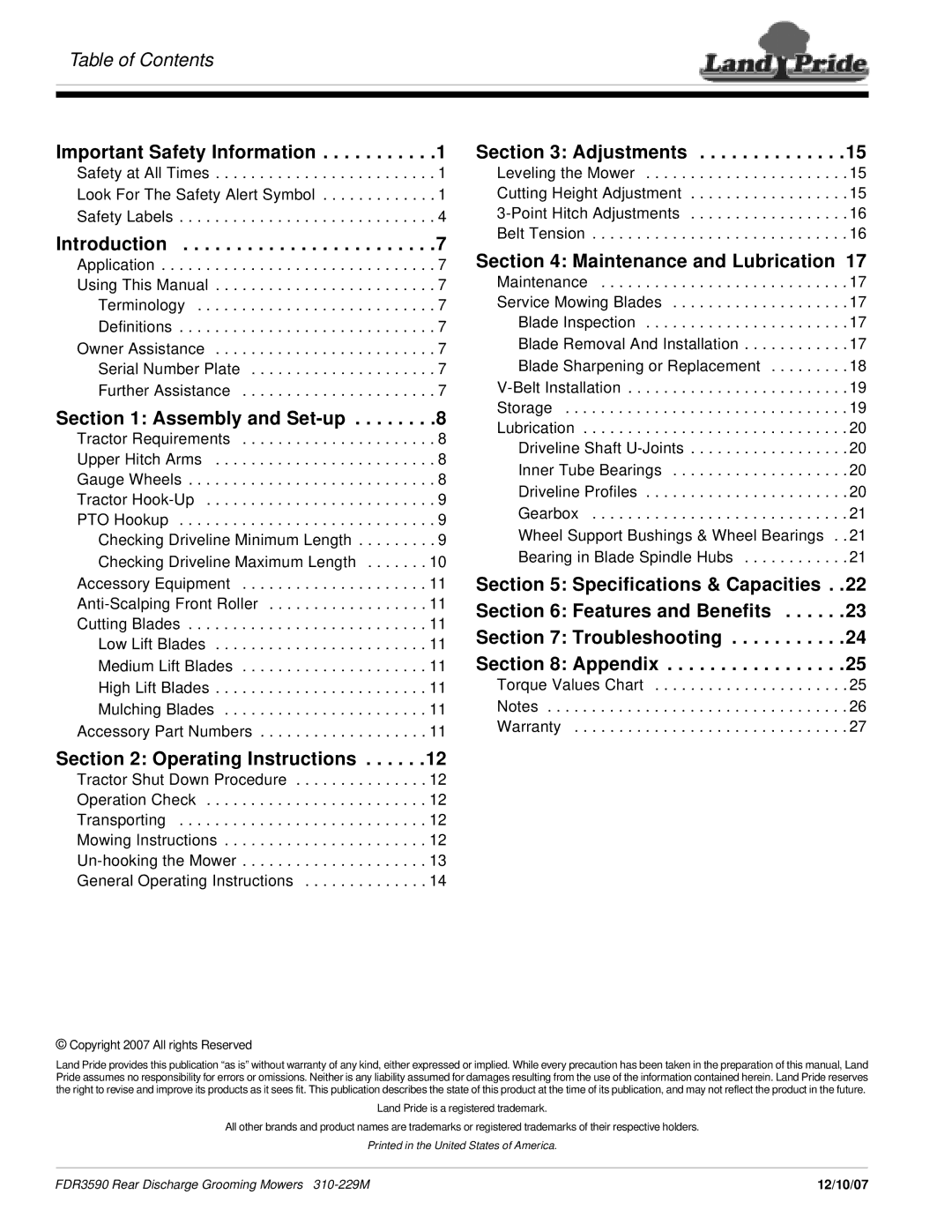 Land Pride FDR3590 Important Safety Information, Introduction, Assembly and Set-up, Adjustments, Operating Instructions 