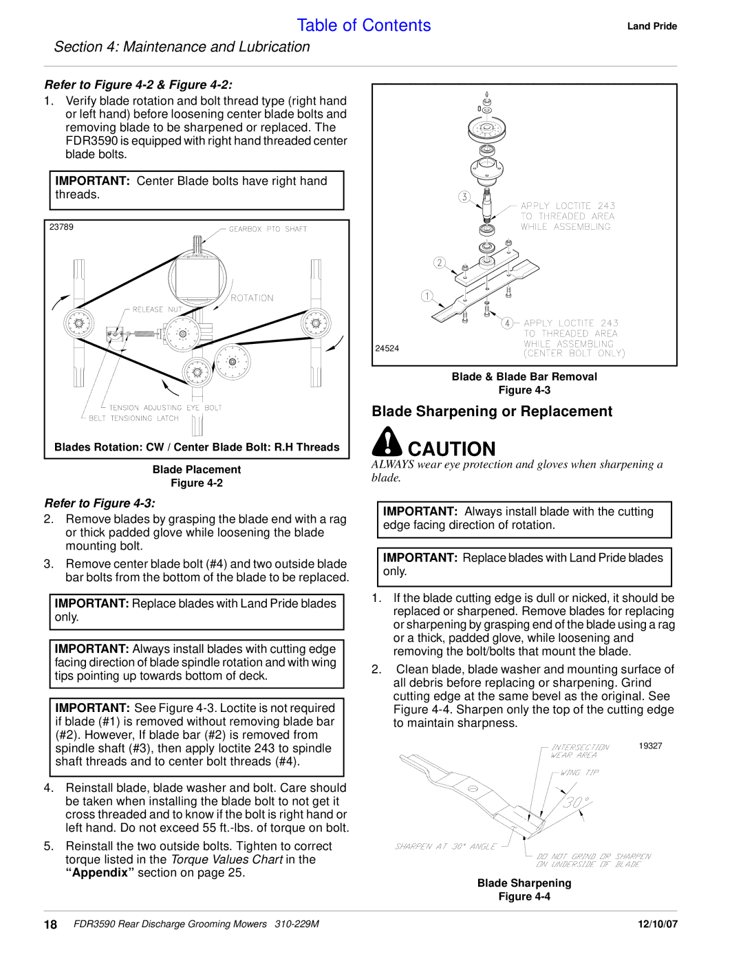 Land Pride FDR3590 manual Blade Sharpening or Replacement, Refer to -2 & Figure 