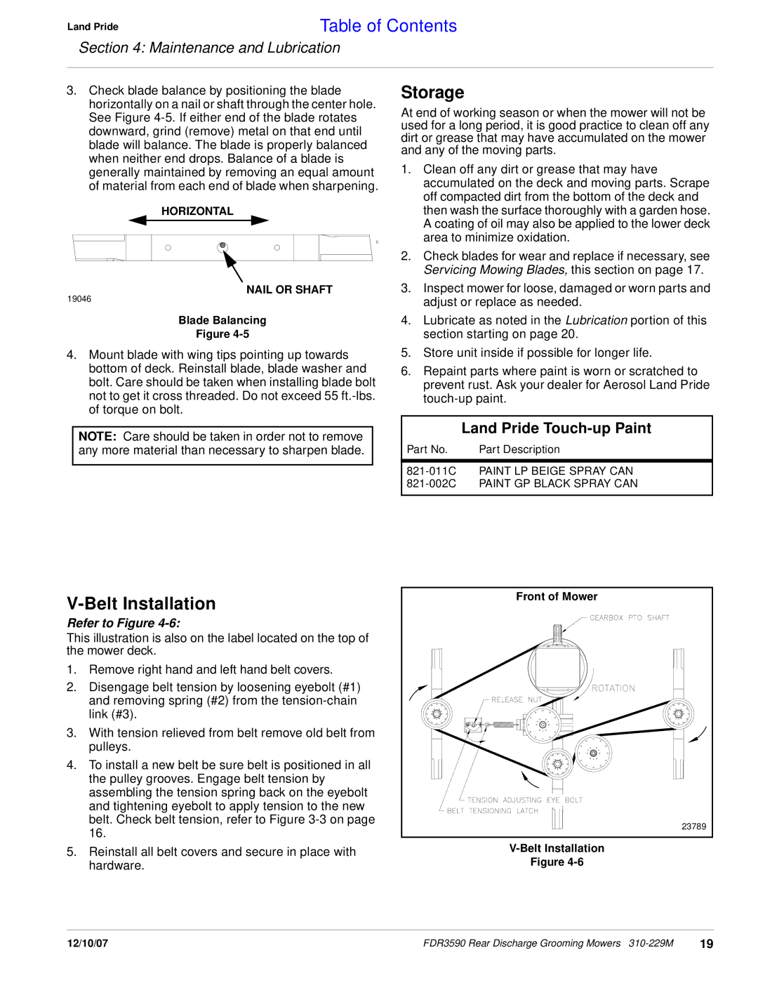 Land Pride FDR3590 manual Storage, Belt Installation, Land Pride Touch-up Paint 