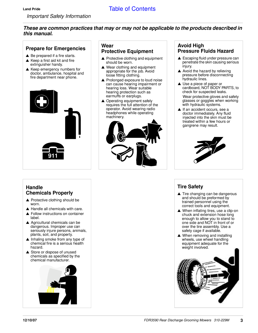 Land Pride FDR3590 Prepare for Emergencies, Wear Protective Equipment, Avoid High Pressure Fluids Hazard, Tire Safety 