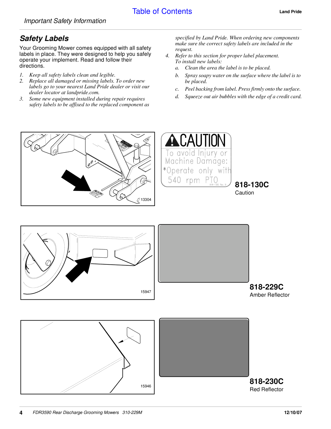 Land Pride FDR3590 manual 818-130C 818-229C, 818-230C 