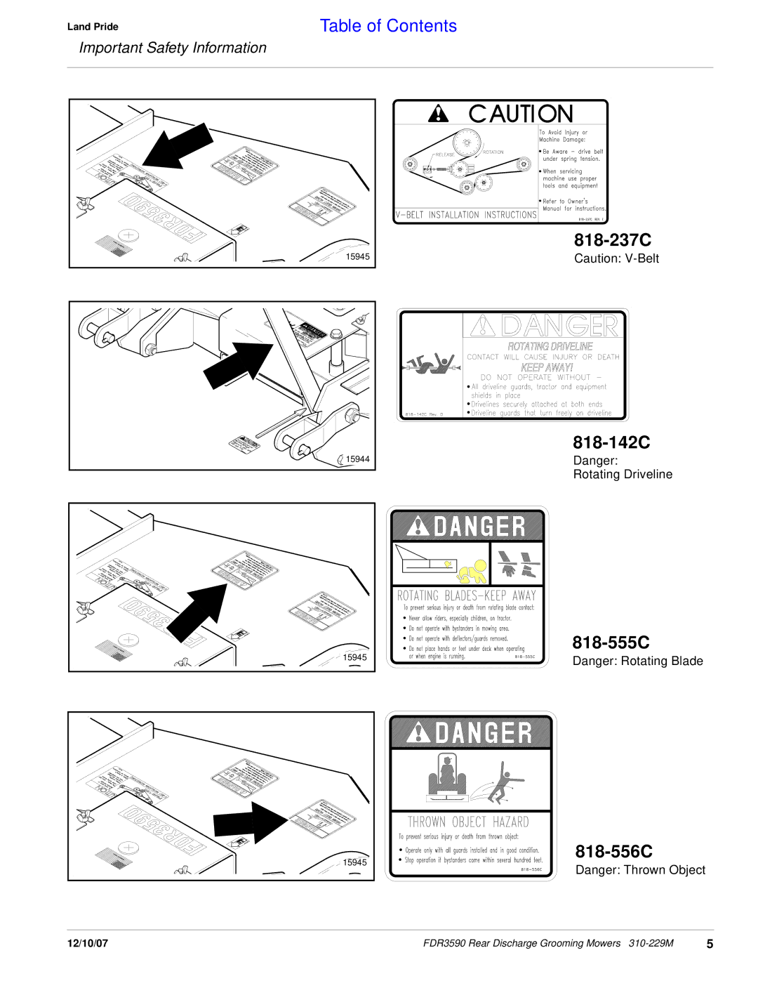 Land Pride FDR3590 manual 818-237C 818-142C, 818-555C, 818-556C 