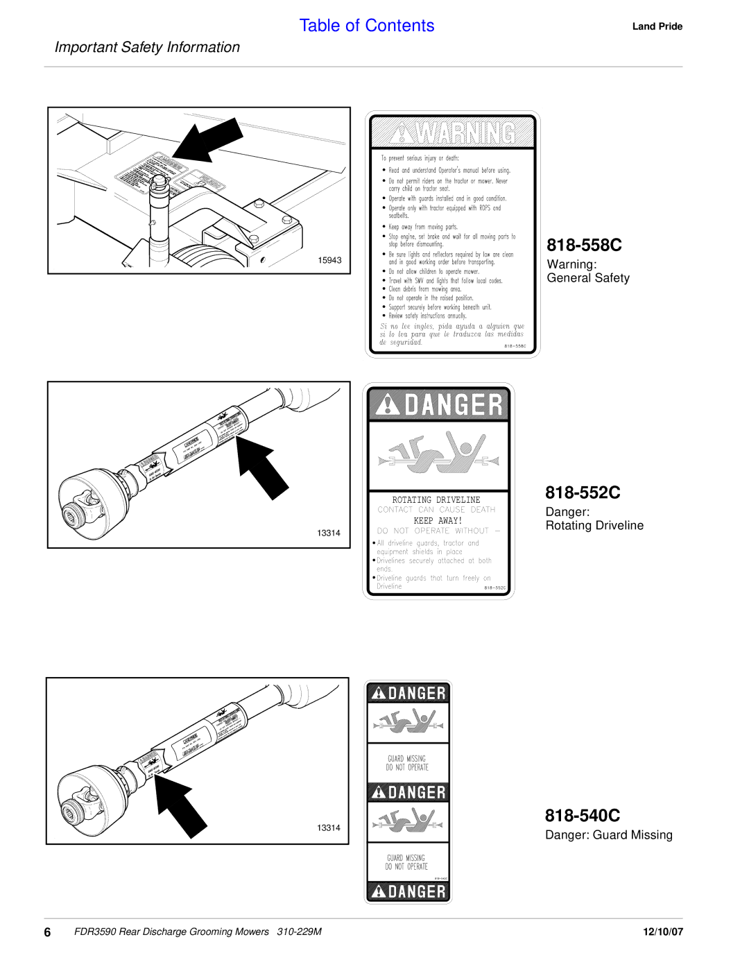 Land Pride FDR3590 manual 818-558C, 818-552C, 818-540C 