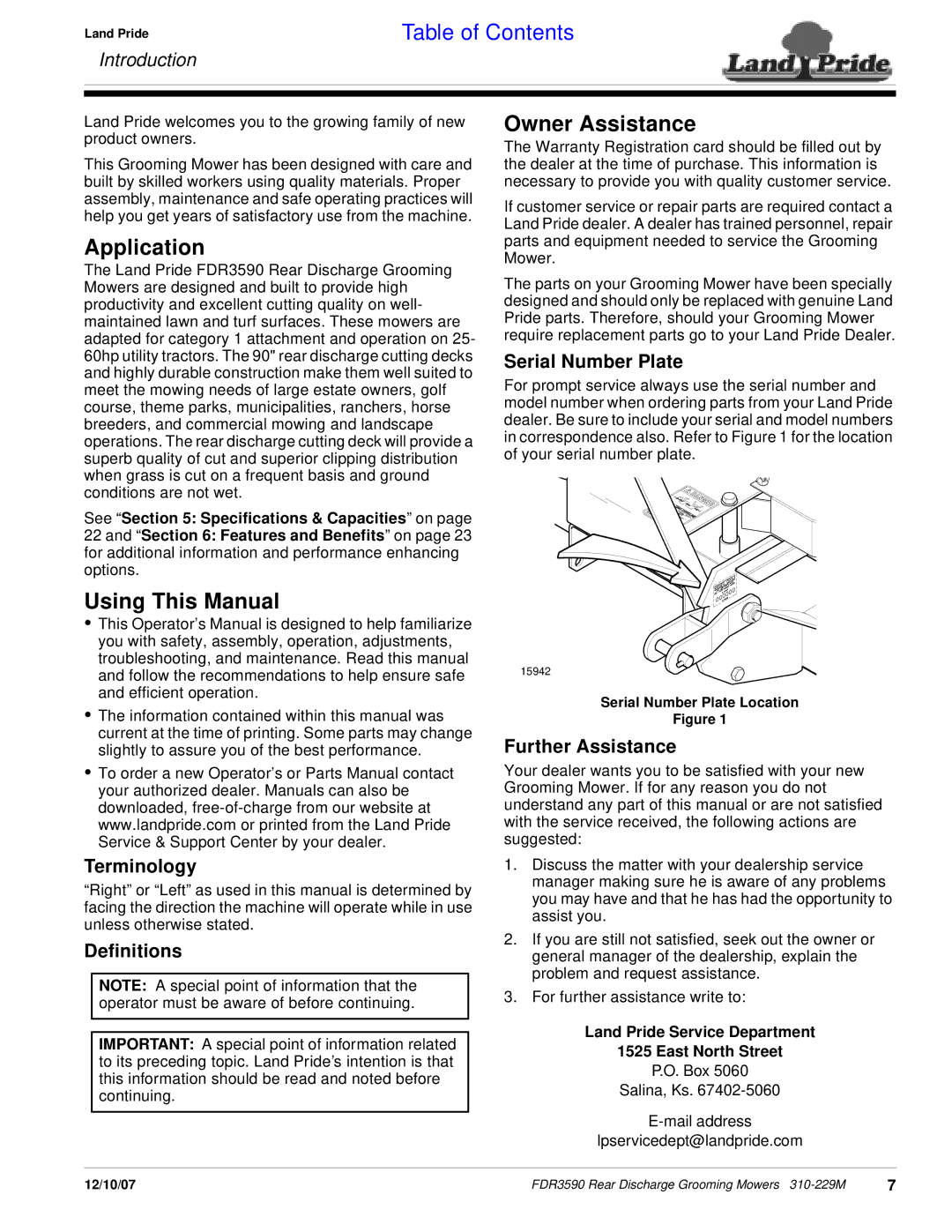 Land Pride FDR3590 manual Application, Using This Manual, Owner Assistance 