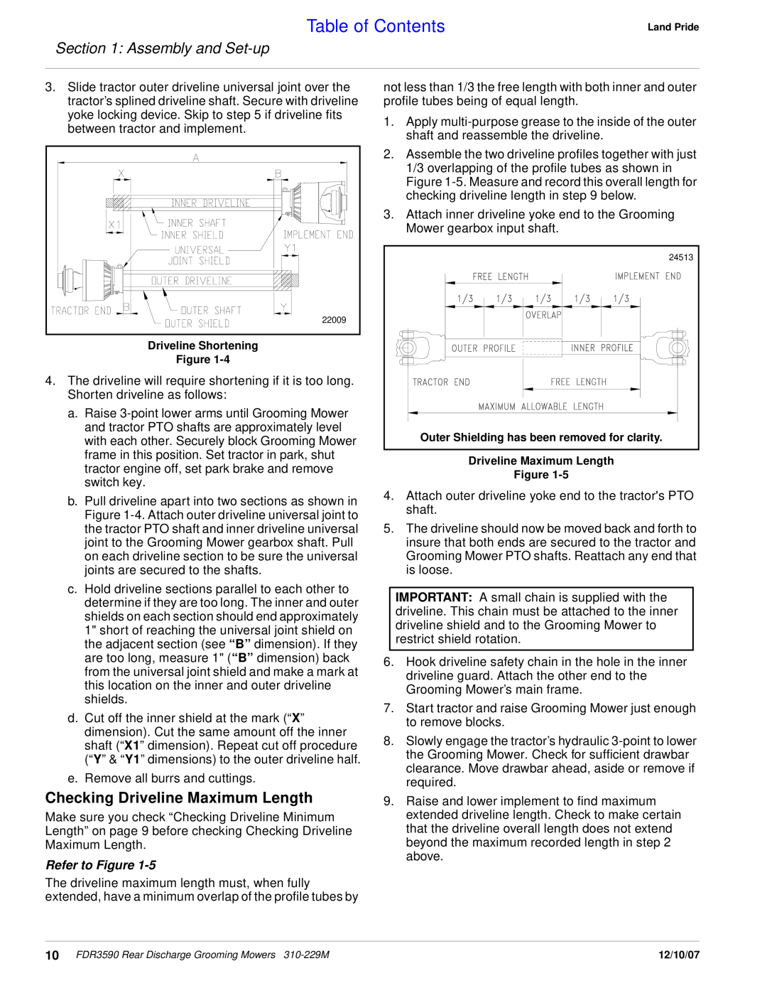 Land Pride FDR3590 manual Checking Driveline Maximum Length, Table of Contents, Assembly and Set-up, Refer to Figure 
