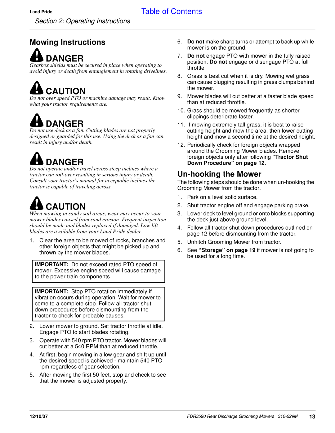 Land Pride FDR3590 manual Mowing Instructions, Un-hookingthe Mower, Danger, Table of Contents, Operating Instructions 