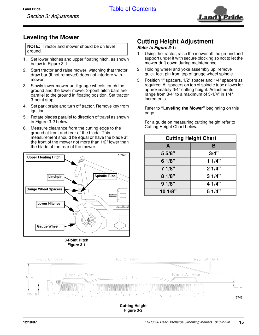 Land Pride FDR3590 Leveling the Mower, Cutting Height Adjustment, Adjustments, Cutting Height Chart, 5 5/8, 6 1/8, 1 1/4 