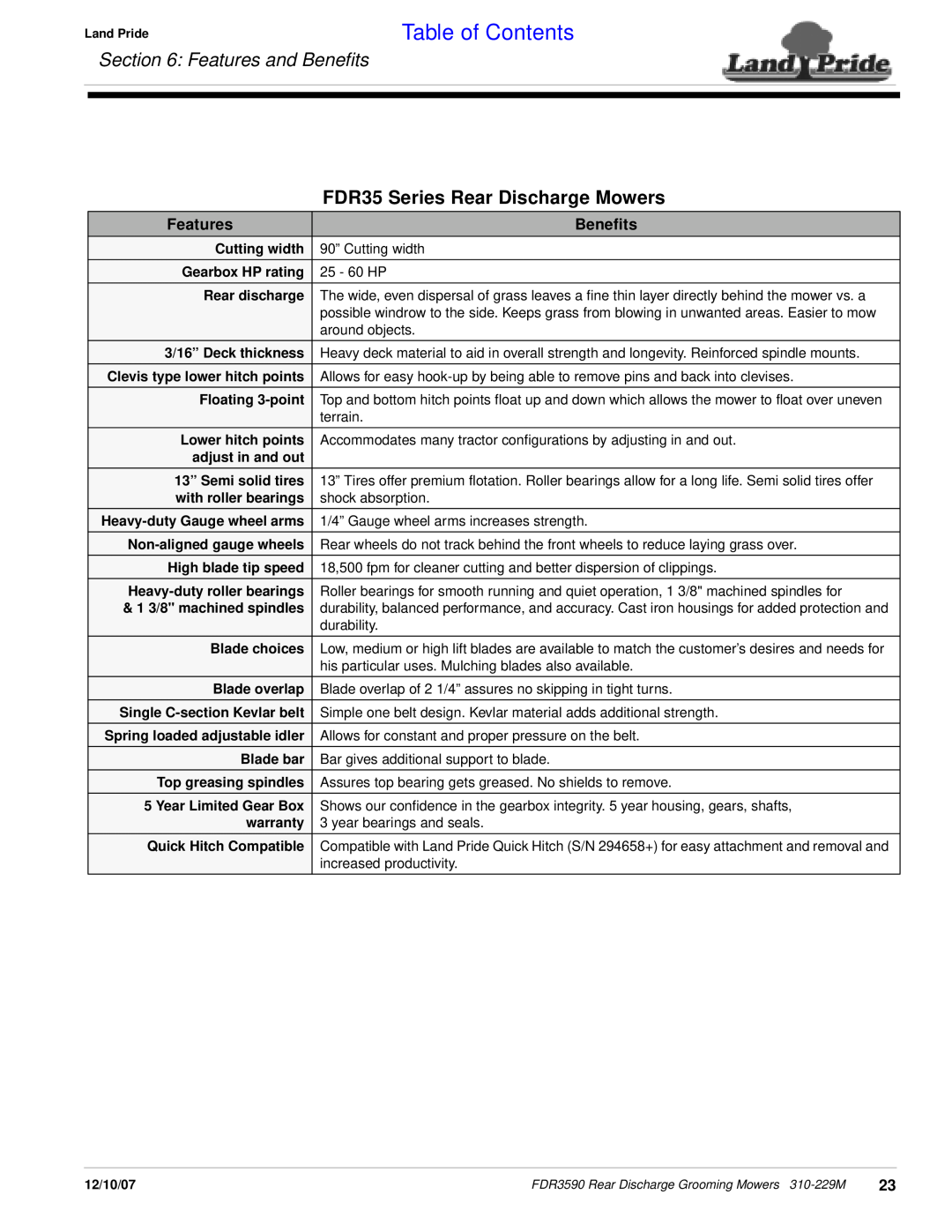 Land Pride FDR3590 manual Features and Beneﬁts, FDR35 Series Rear Discharge Mowers, Table of Contents 