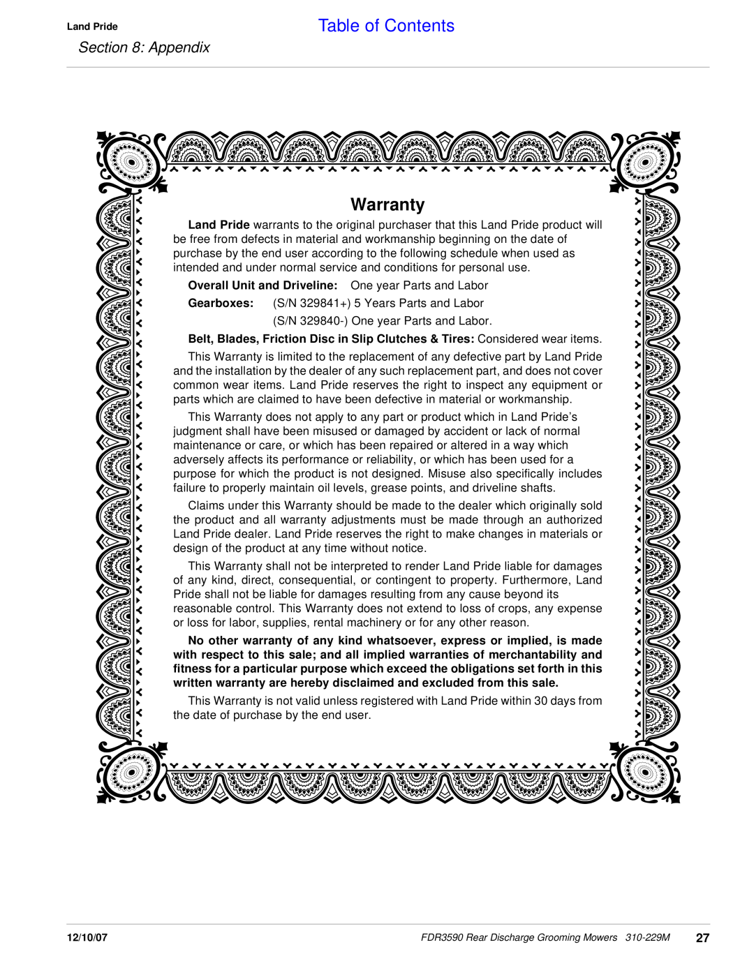 Land Pride FDR3590 manual Warranty, Table of Contents, Appendix 