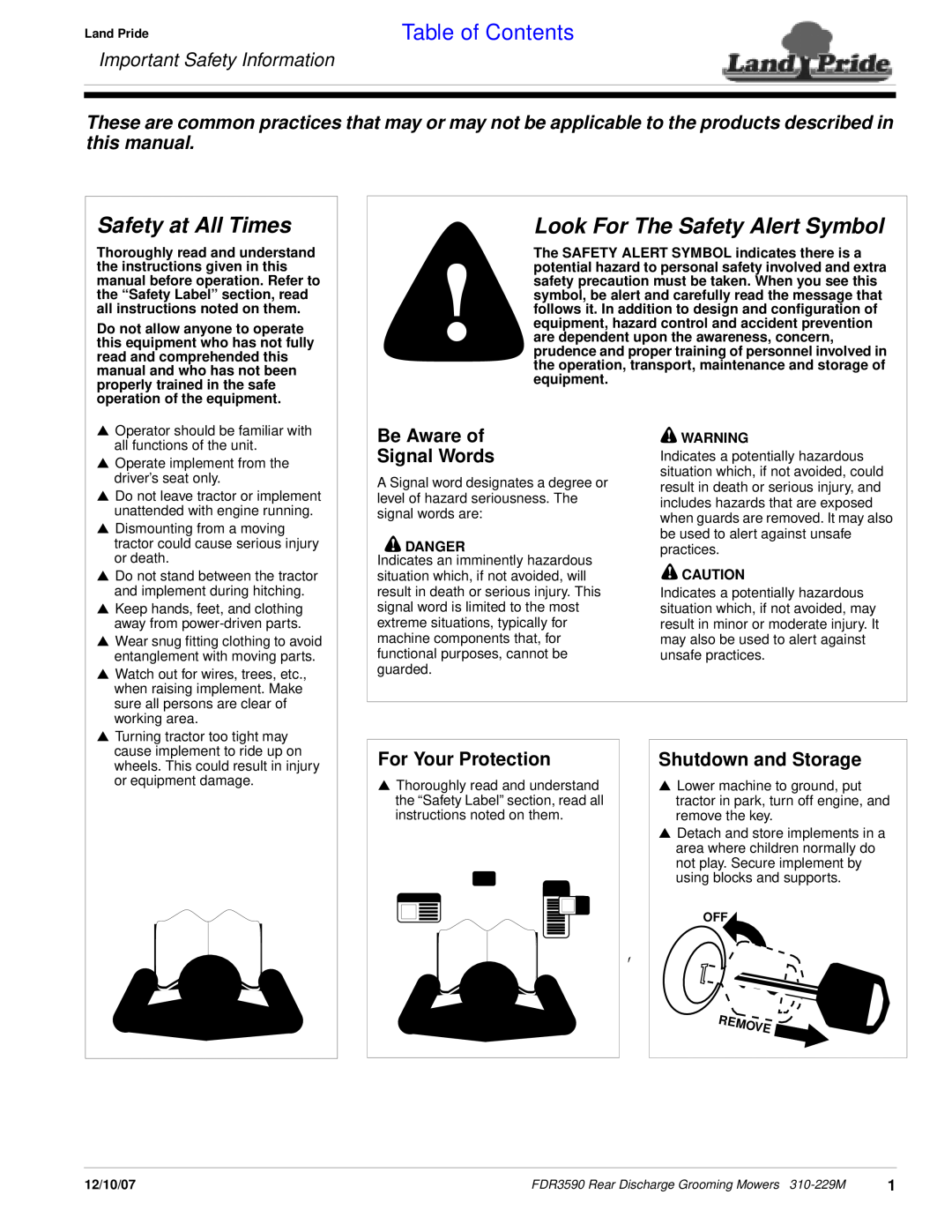 Land Pride FDR3590 Safety at All Times, Look For The Safety Alert Symbol, Important Safety Information, Table of Contents 