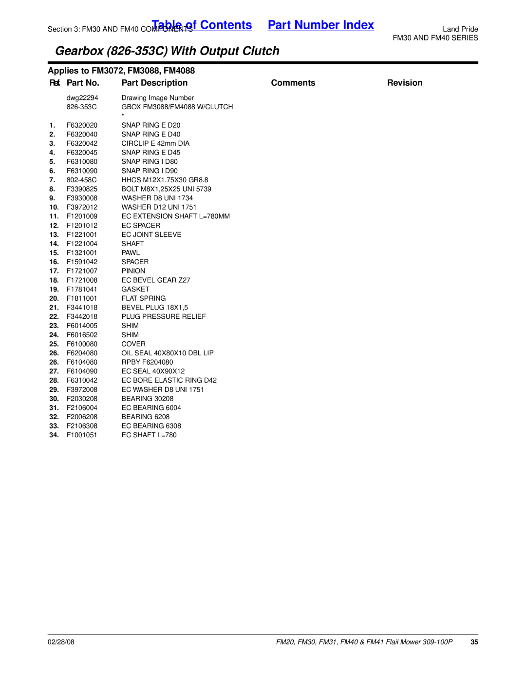 Land Pride FM20 manual 11. F1201009 EC Extension Shaft L=780MM 