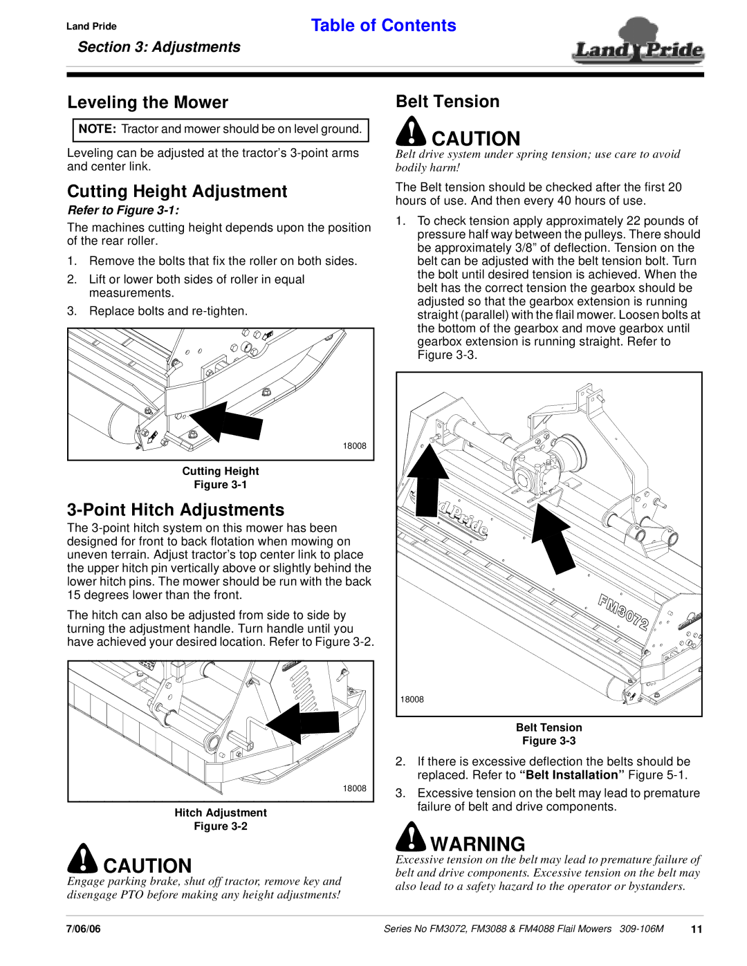 Land Pride FM3072, FM4088 manual Leveling the Mower, Cutting Height Adjustment, Point Hitch Adjustments, Belt Tension 