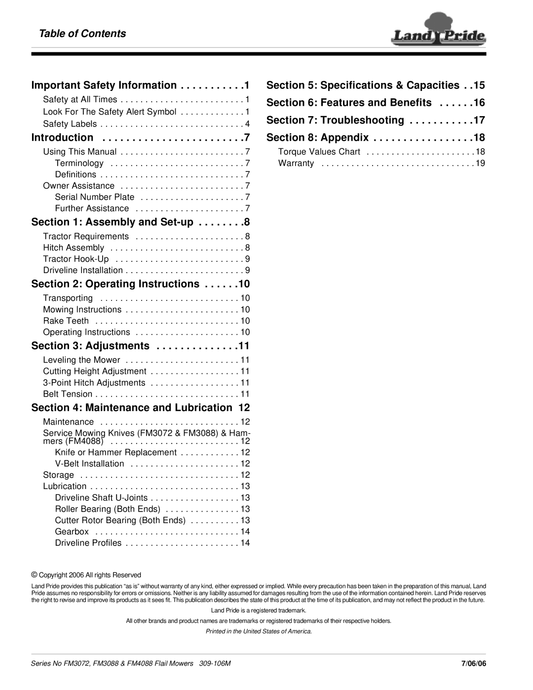 Land Pride FM4088, FM3072 manual Table of Contents 