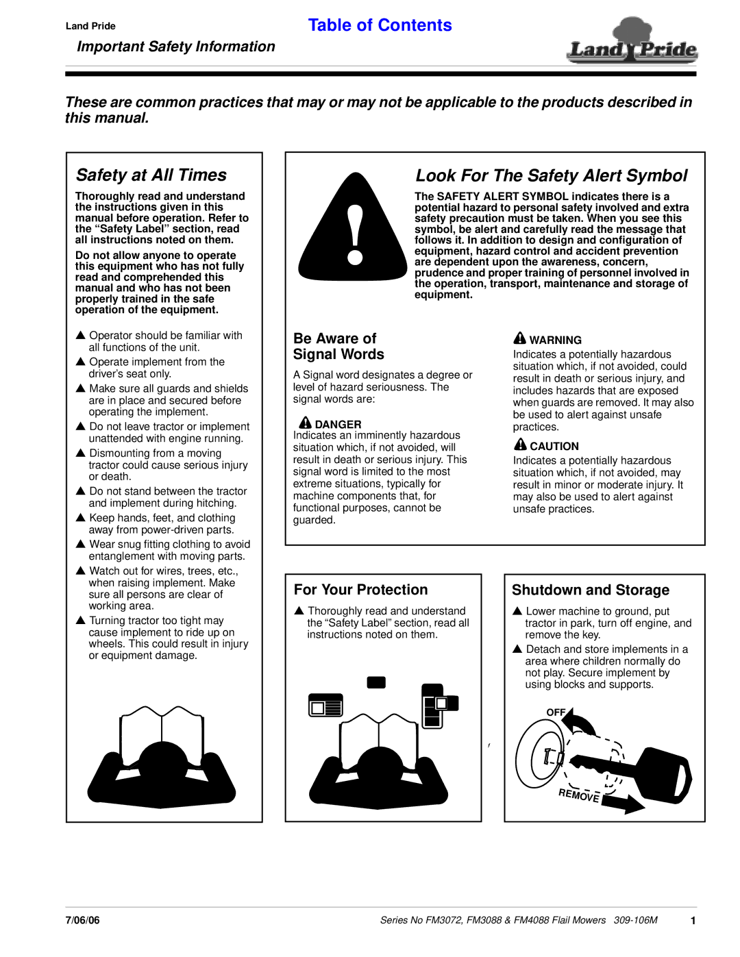 Land Pride FM3072, FM4088 manual Safety at All Times 