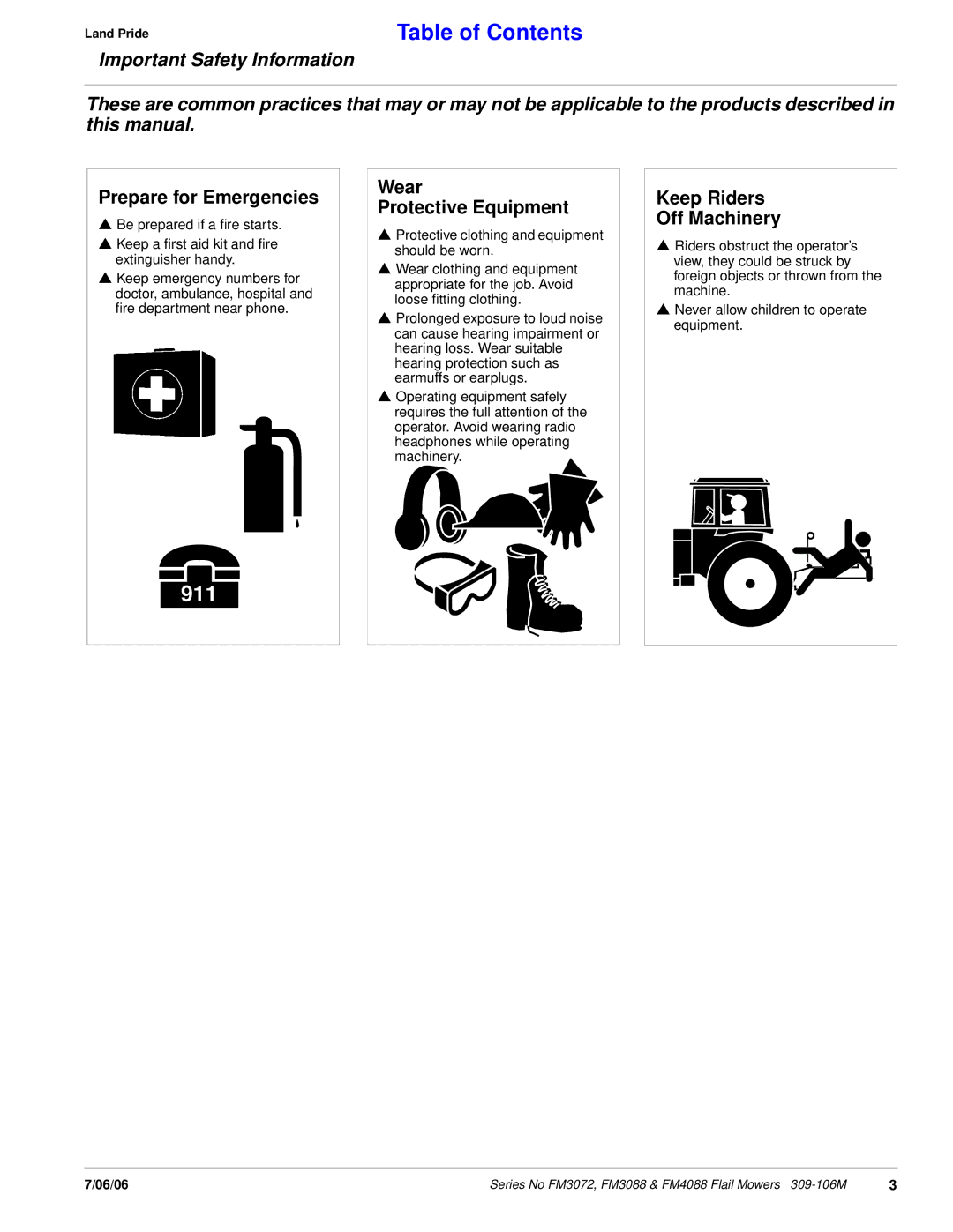 Land Pride FM3072, FM4088 manual Prepare for Emergencies, Wear Protective Equipment, Keep Riders Off Machinery 