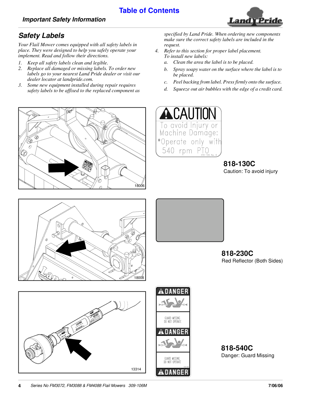 Land Pride FM4088, FM3072 manual Safety Labels, 818-130C 818-230C 