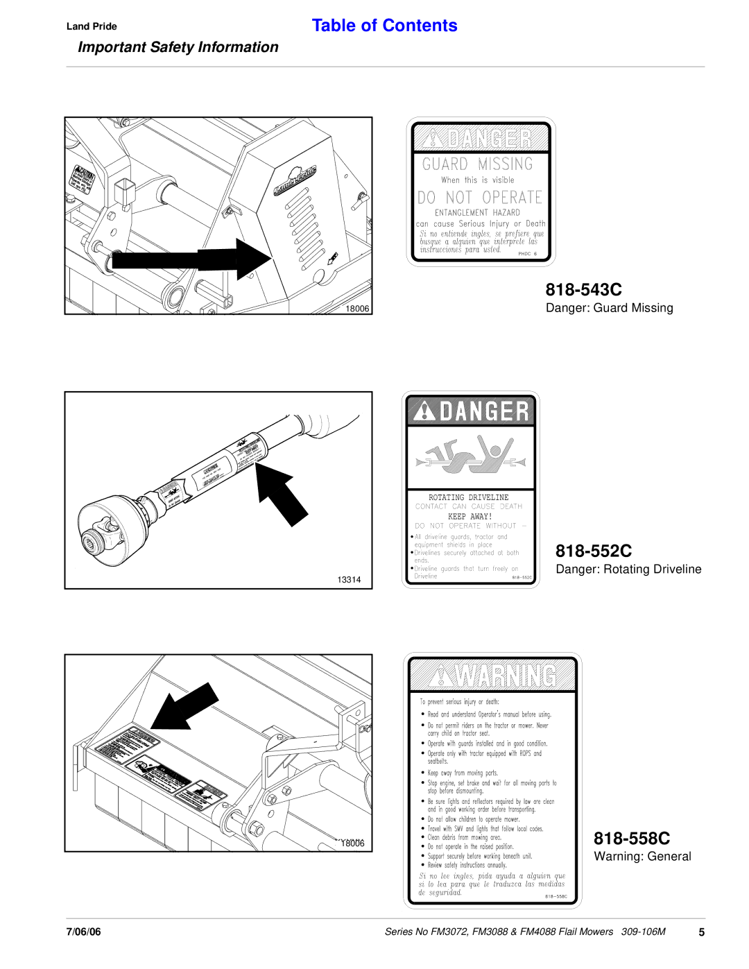 Land Pride FM3072, FM4088 manual 818-543C, 818-552C 818-558C 