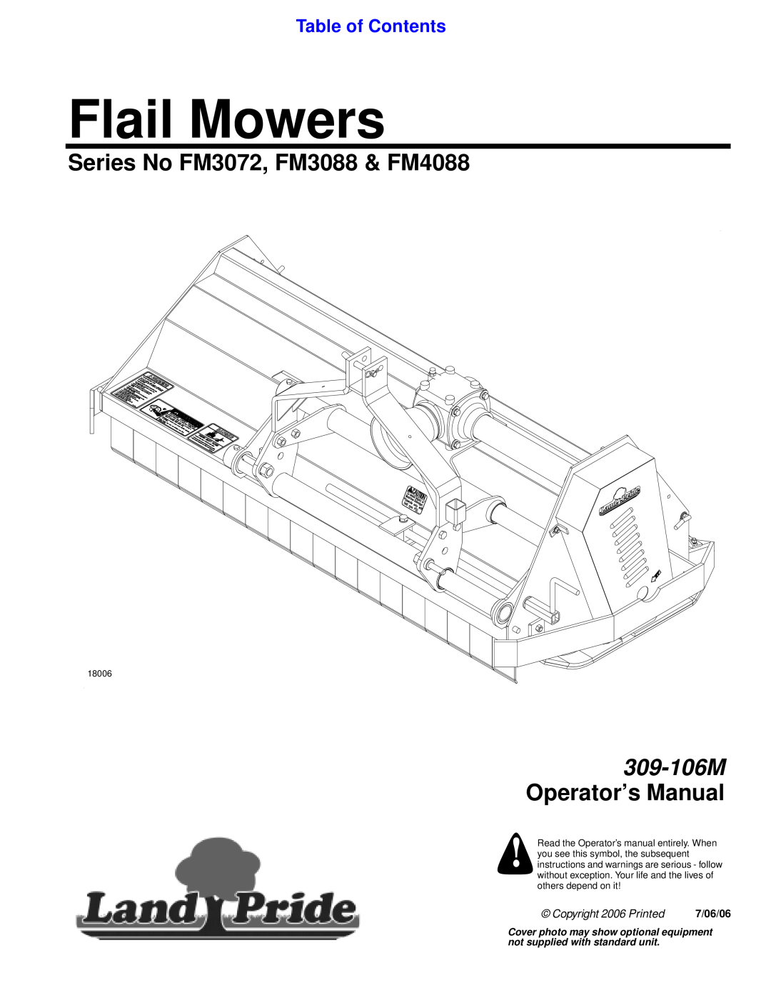 Land Pride manual Series No FM3072, FM3088 & FM4088, Table of Contents, Flail Mowers, 309-106M Operator’s Manual, 18006 