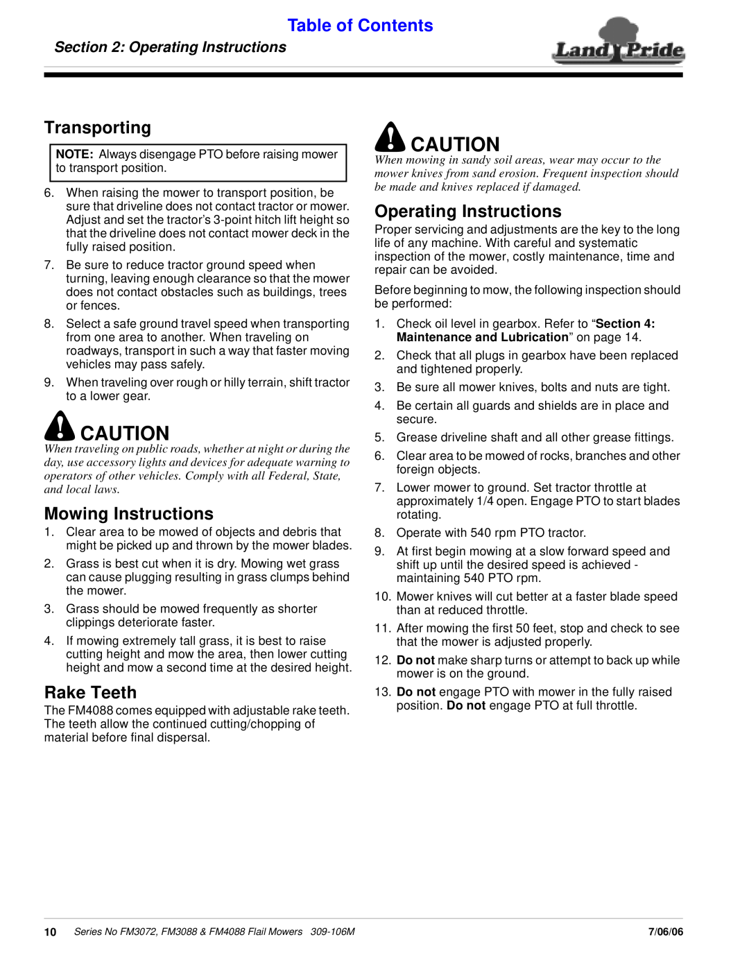 Land Pride FM4088, FM3072 manual Transporting, Mowing Instructions, Rake Teeth, Operating Instructions, Table of Contents 
