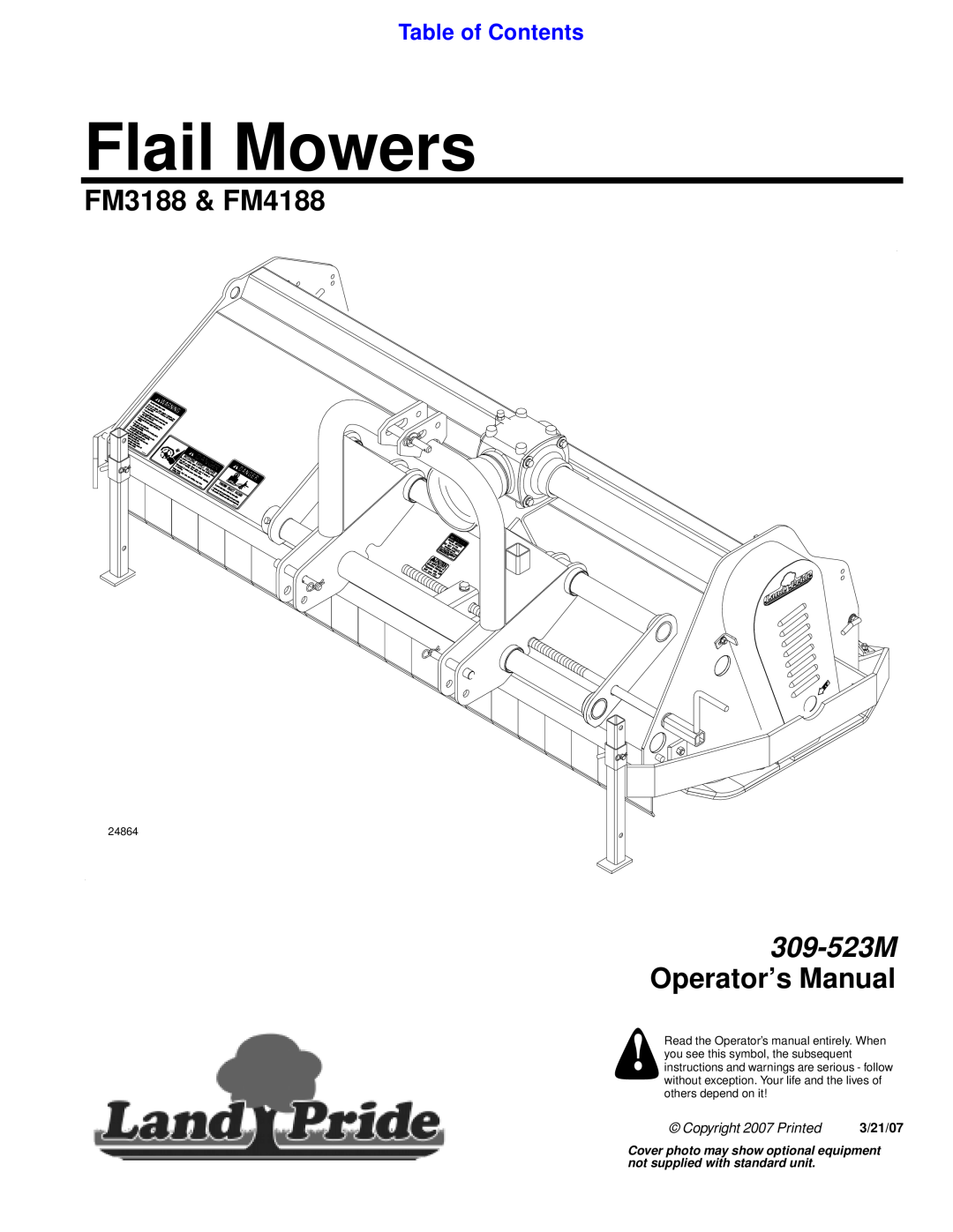 Land Pride manual Table of Contents, Flail Mowers, FM3188 & FM4188, 309-523M Operator’s Manual, Copyright 2007 Pr inted 