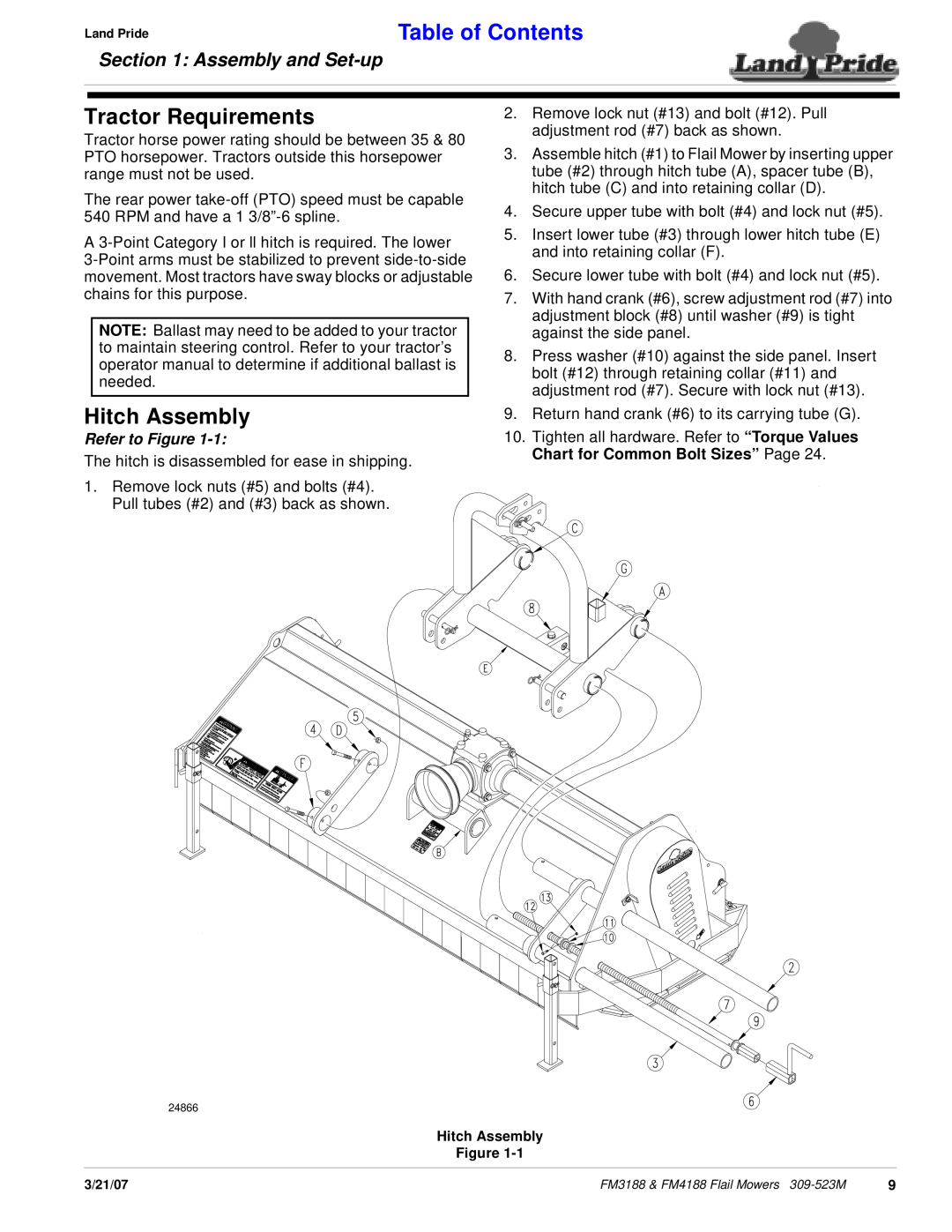 Land Pride FM3188, FM4188 Tractor Requirements, Hitch Assembly, Table of Contents, Assembly and Set-up, Refer to Figure 