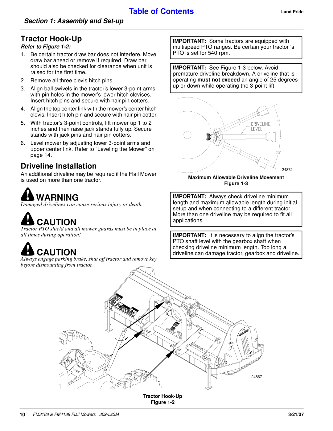 Land Pride FM4188, FM3188 Tractor Hook-Up, Driveline Installation, Table of Contents, Assembly and Set-up, Refer to Figure 