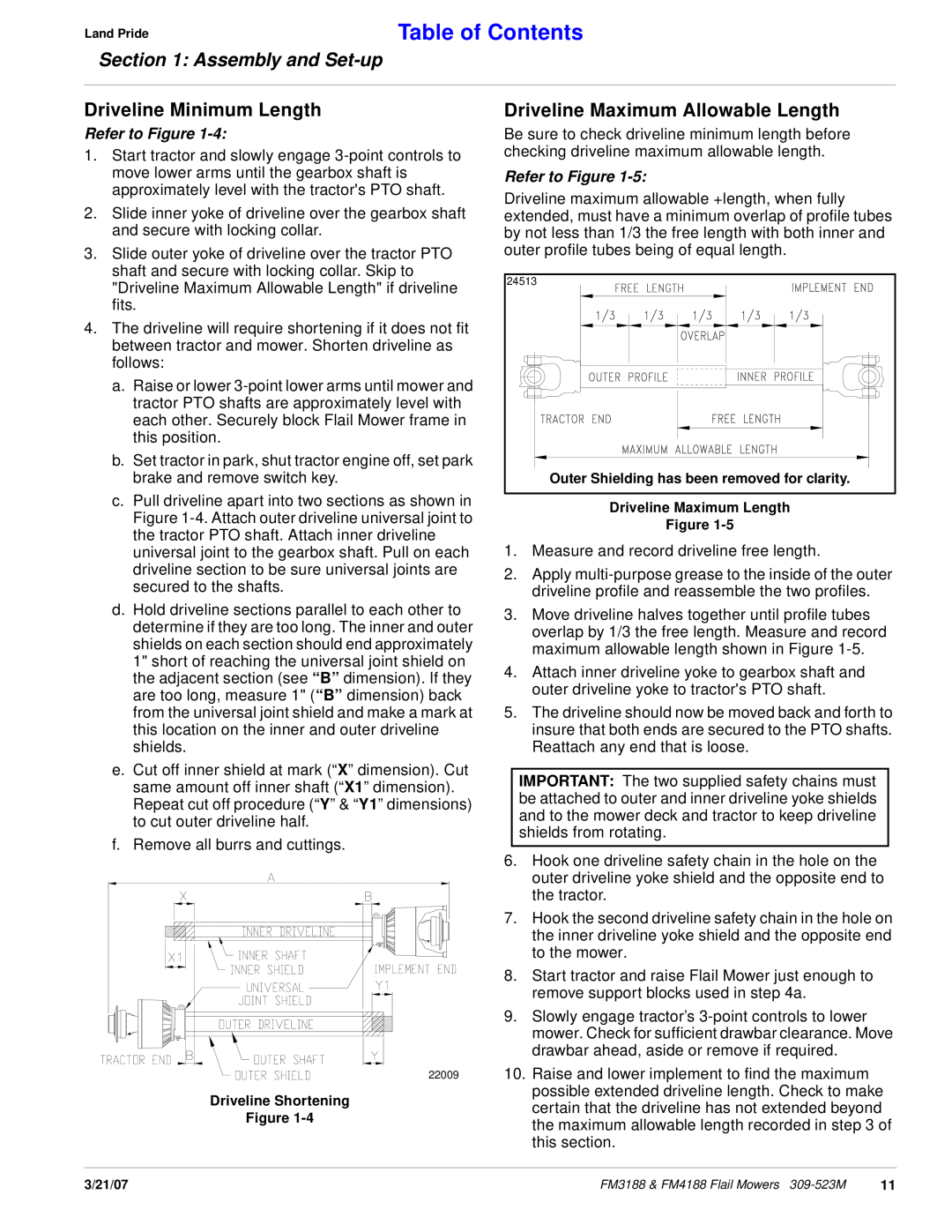 Land Pride FM3188 Table of Contents, Assembly and Set-up, Driveline Minimum Length, Driveline Maximum Allowable Length 