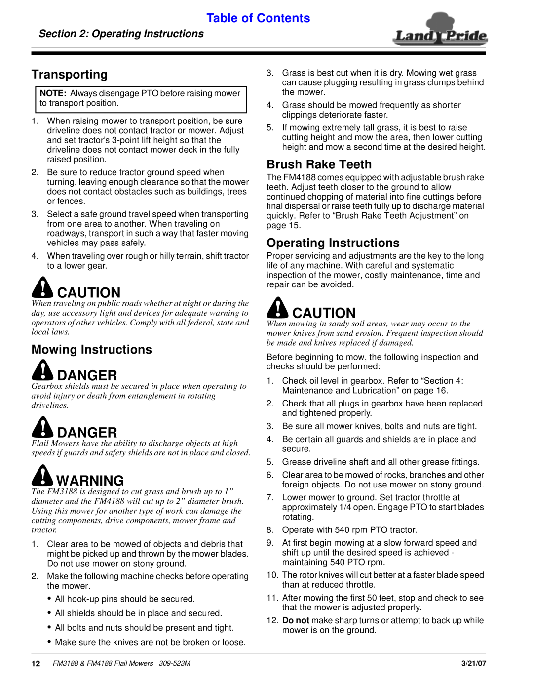 Land Pride FM4188 Transporting, Brush Rake Teeth, Operating Instructions, Mowing Instructions, Danger, Table of Contents 
