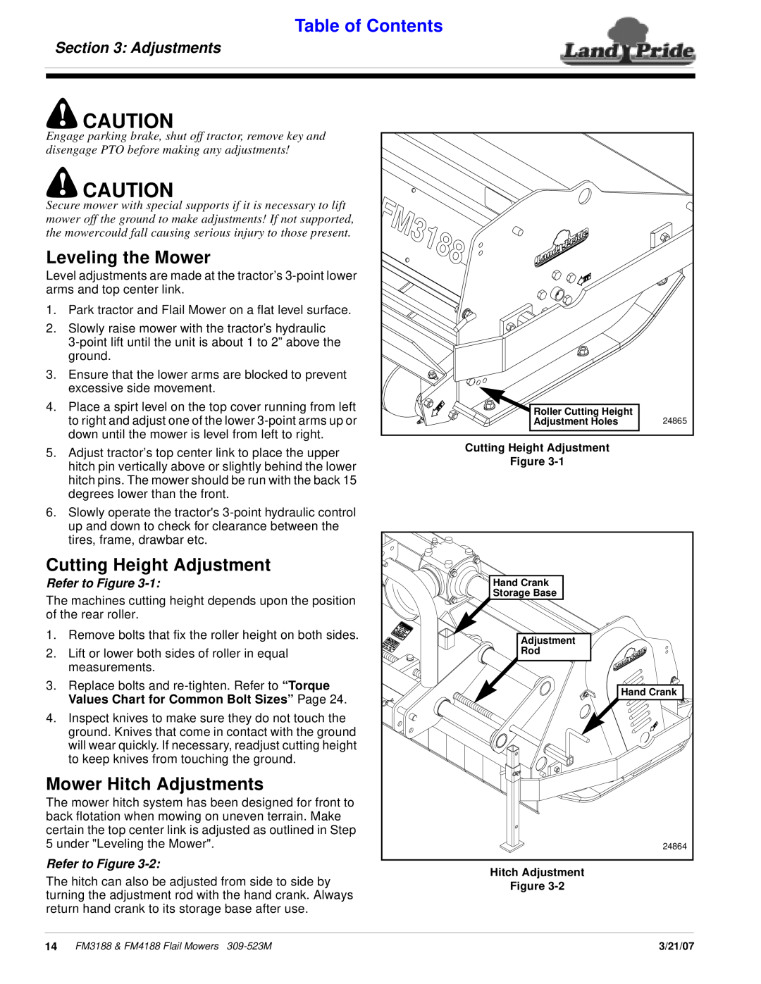 Land Pride FM4188, FM3188 manual Leveling the Mower, Cutting Height Adjustment, Mower Hitch Adjustments, Table of Contents 