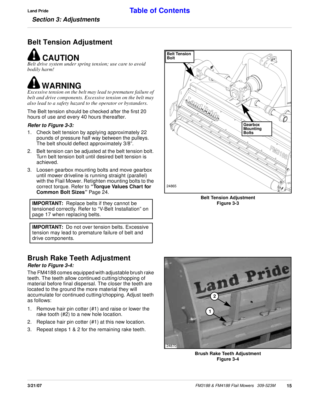 Land Pride FM3188 Belt Tension Adjustment, Brush Rake Teeth Adjustment, Table of Contents, Adjustments, Refer to Figure 