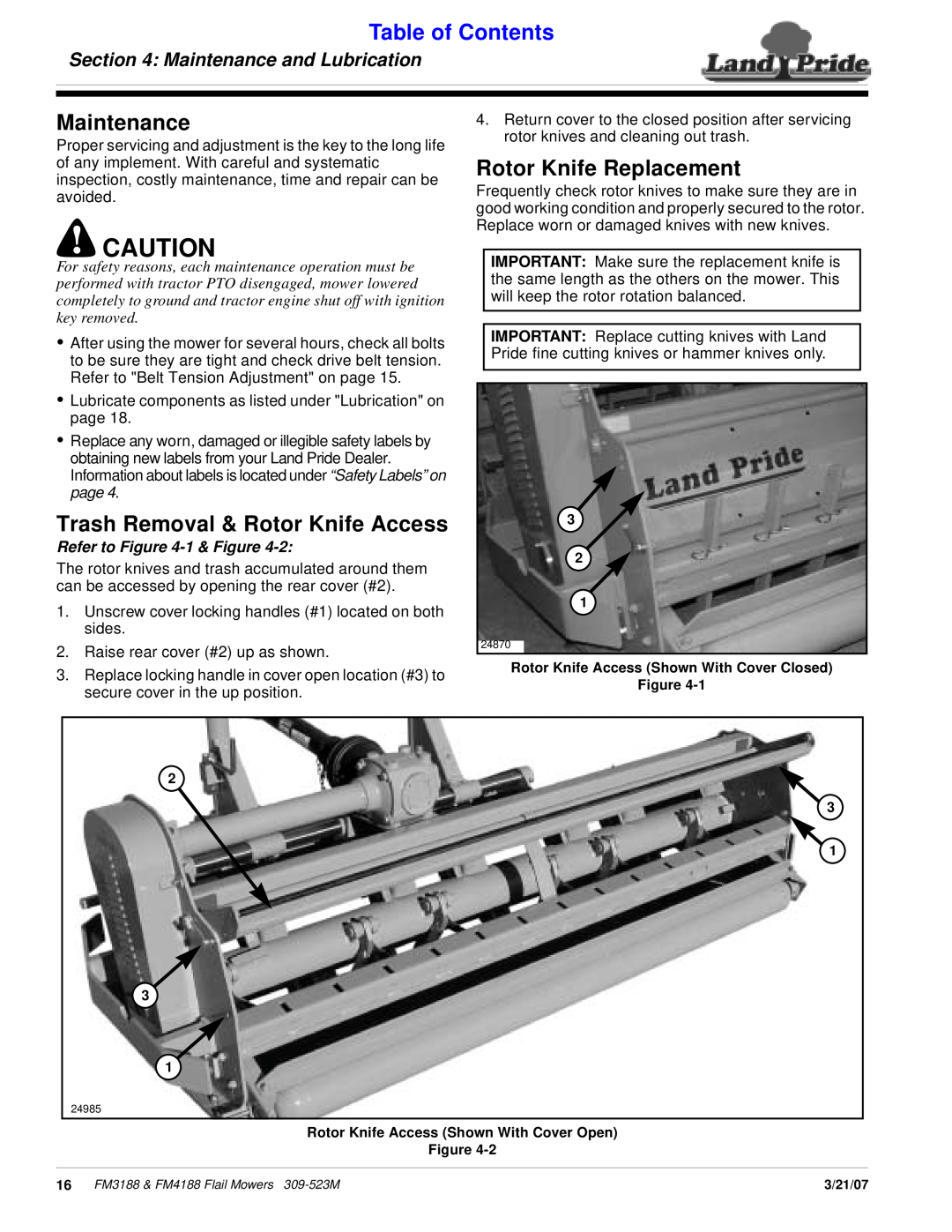Land Pride FM4188, FM3188 Rotor Knife Replacement, Trash Removal & Rotor Knife Access, Maintenance and Lubrication 
