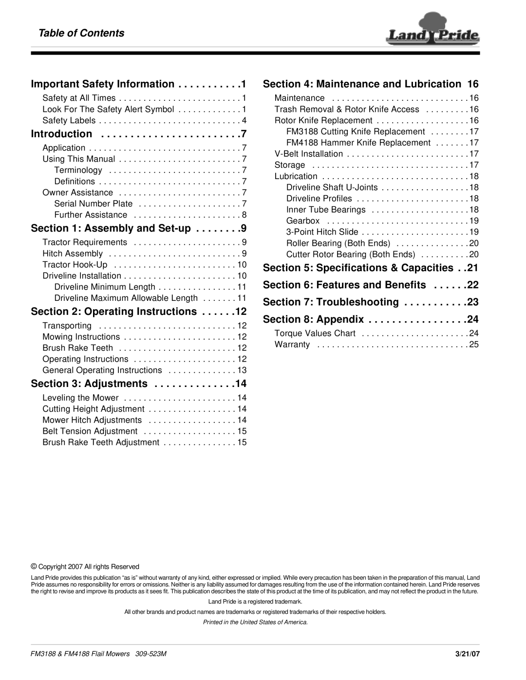 Land Pride FM4188, FM3188 manual Table of Contents 