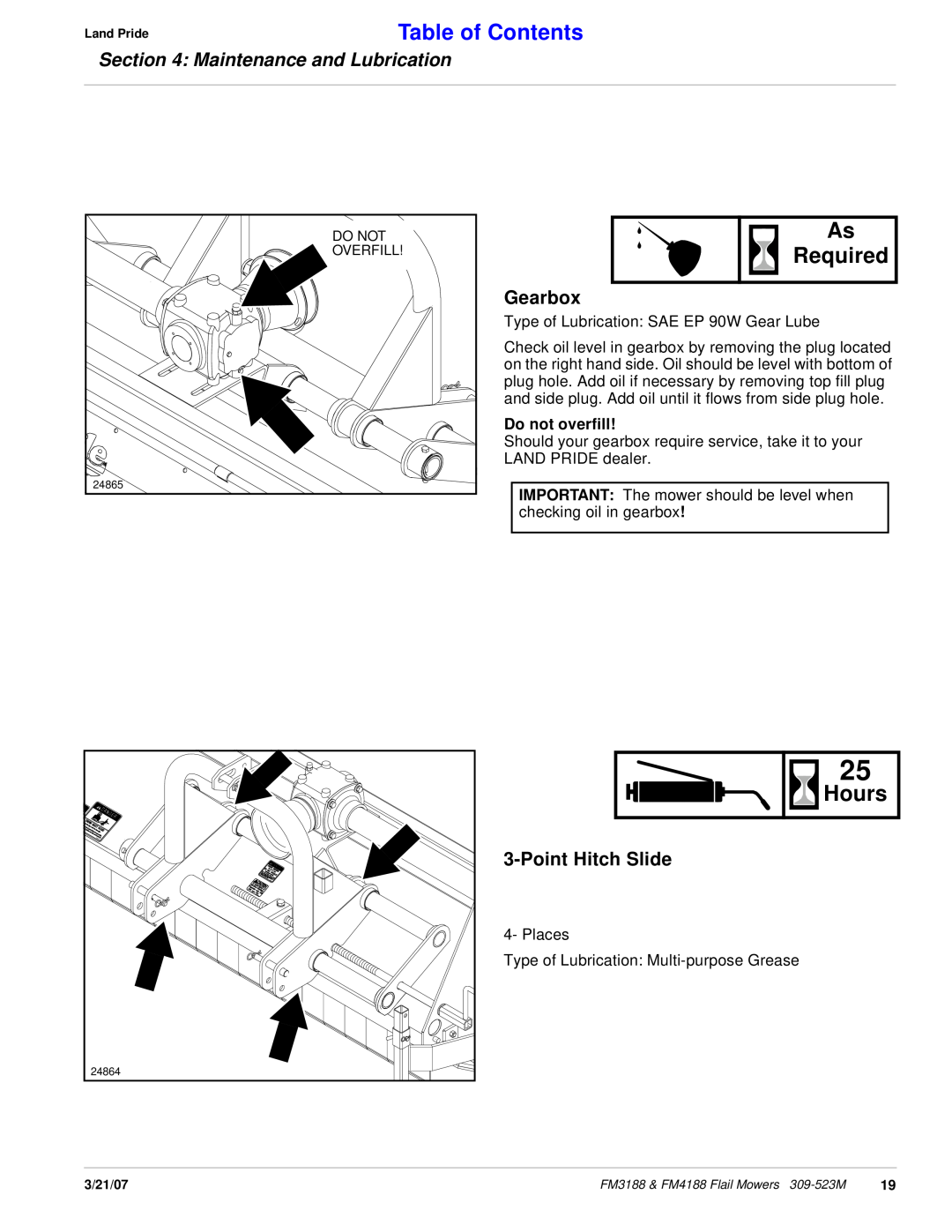 Land Pride FM3188, FM4188 manual Required, Table of Contents, Hours, Maintenance and Lubrication, Do not overfill 